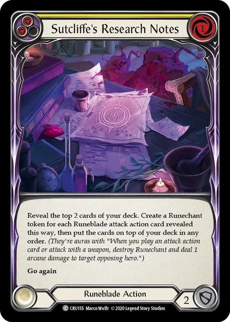 [CRU155-Rainbow Foil]Sutcliffe’s Research Notes[Common]（Crucible of War First Edition Runeblade Action Non-Attack Yellow）【FleshandBlood FaB】