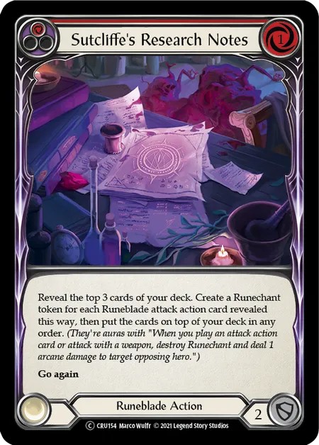 [U-CRU154]Sutcliffe’s Research Notes[Common]（Crucible of War Unlimited Edition Runeblade Action Non-Attack Red）【FleshandBlood FaB】