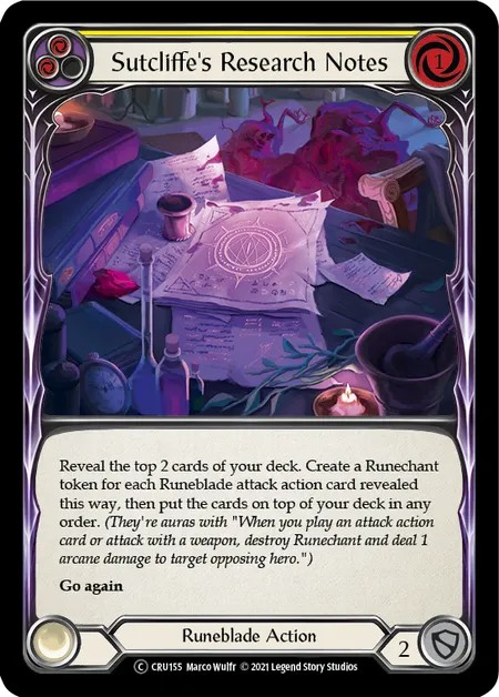 [U-CRU155]Sutcliffe’s Research Notes[Common]（Crucible of War Unlimited Edition Runeblade Action Non-Attack Yellow）【FleshandBlood FaB】